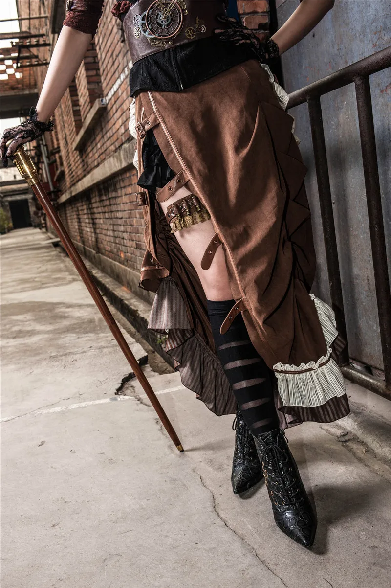 RQ-BL Brown Stripes Long Steampunk Skirt for women