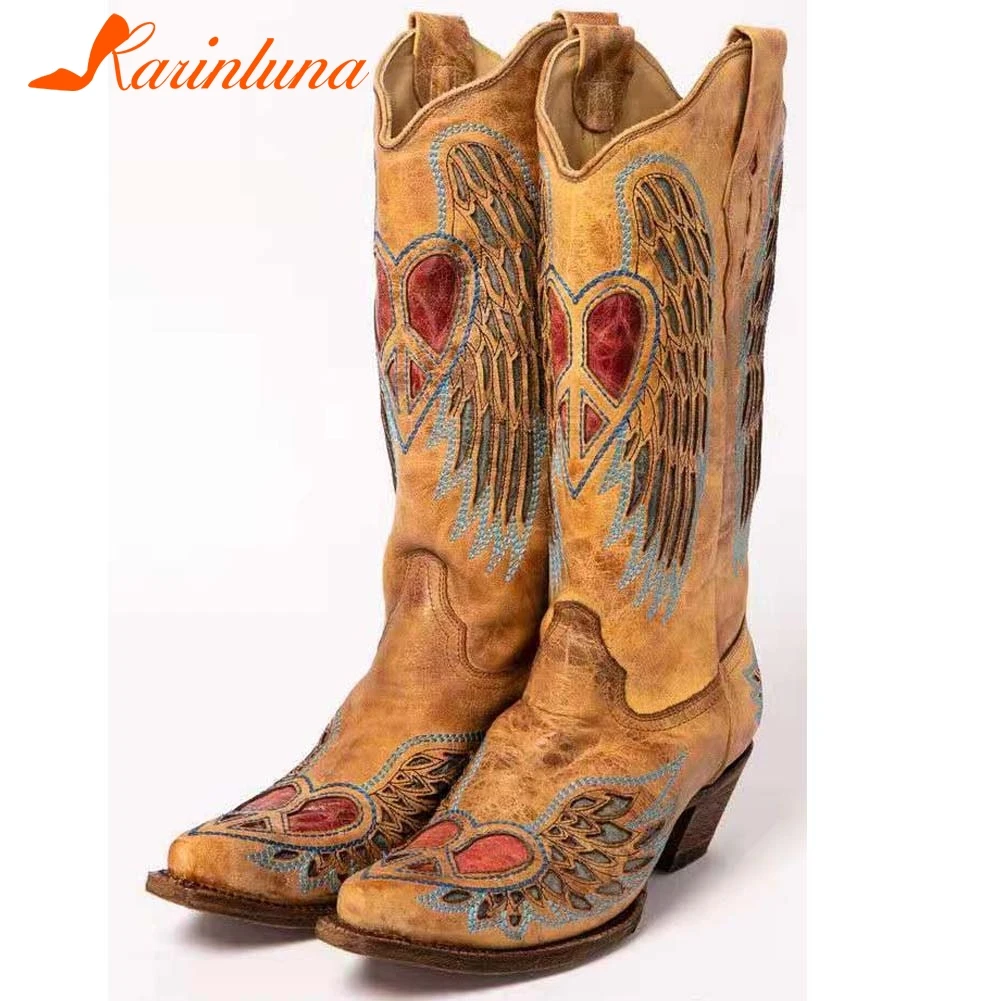 

High Quality Fashion New Brand woman shoes Emborider Vintage Western Boots Slip-On Chunky Heels Pointed Toe Female