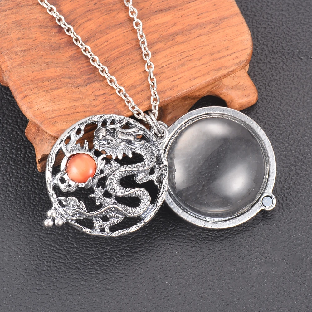 New Magnifier Glass Pendant Drangon with Stone bead Necklace Antique Gold Color jewelry opens and closes