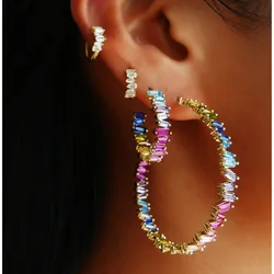 Rainbow colorful cz hoop earring gold color classic gorgeous european fashion huggie jewelry for women