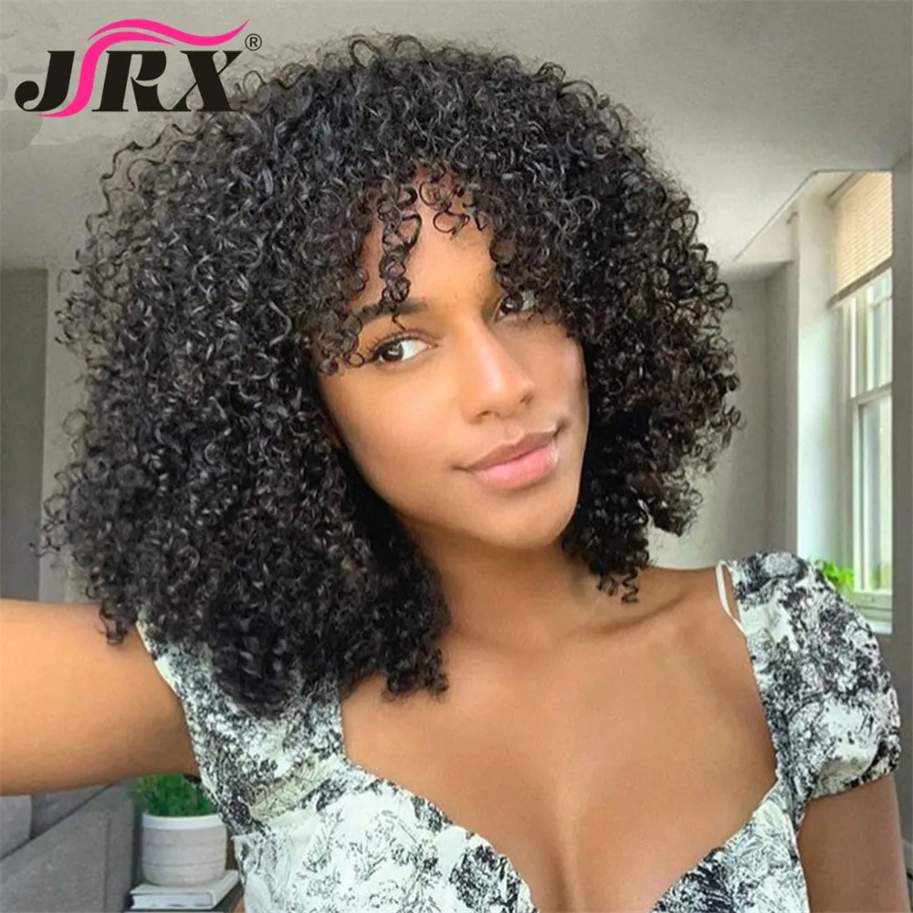 

Afro Kinky Curly Wig with Bangs Full Machine Made Short Curly Human Hair Wigs for Women Brazilian Remy Hair 3B 3C Fringe Wig