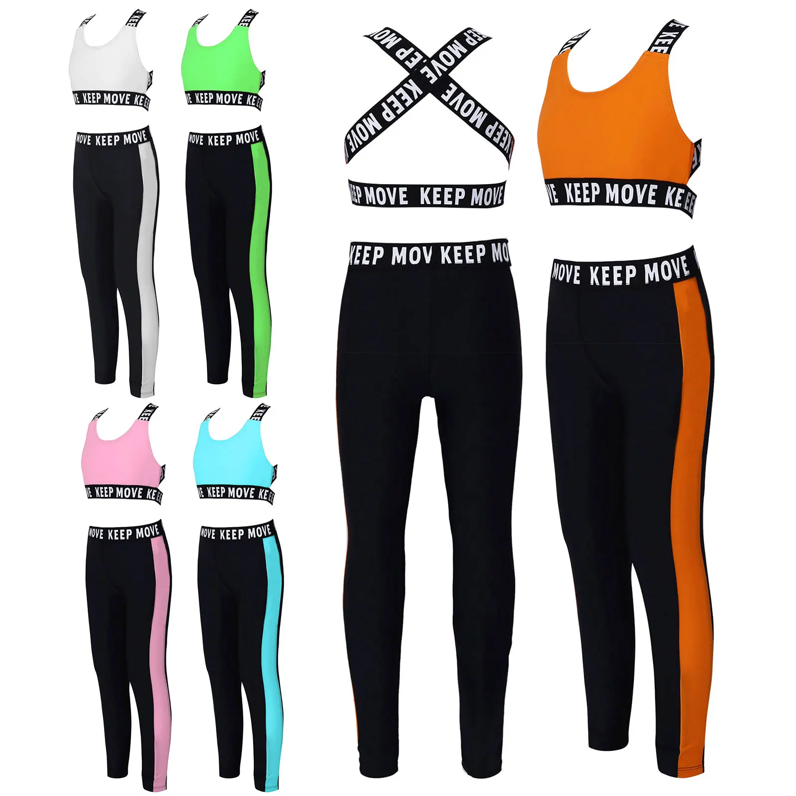 TiaoBug 2Pcs Kids Girls Colorblock Yoga Running Sportswear Scoop Neck Backless Criss-Cross Letter Tape Top And Leggings Suit