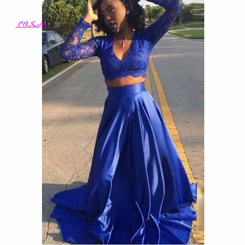 Royal Blau Schwarz Mädchen Prom Kleider Zwei Stück Abend Formale Kleid Sexy V-ausschnitt Spitze Langarm Hohe Schule Party Prom kleid 2020