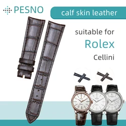 PESNO Genuine Calf Skin Leather Wrist Watch Straps Black Dark Brown Top Layer Leather Watch Accessories Suitable for Rolex Celli