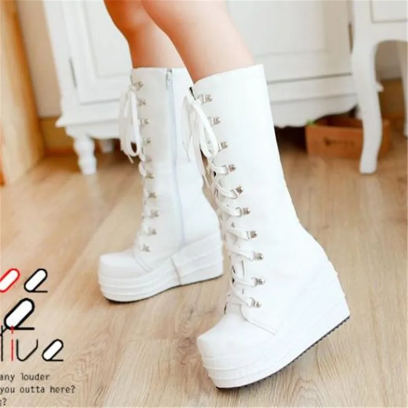 large sizes 31-43 customized fashion punk cosplay boots woman shoes platform winter wedge high heel knee high boots