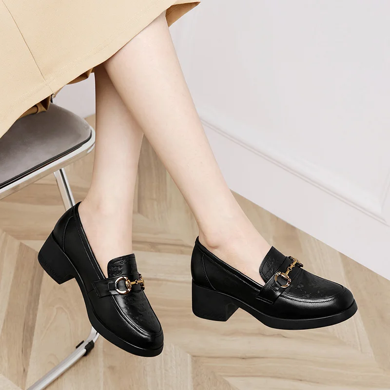 Genuine leather woman shoes Soft 2024 spring autumn new deep mouth singles shoes Med cowhide thick of dress shoes High heel