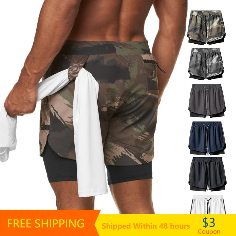 

Men's Running Shorts Camouflage Elastic Waist Drawstring Sports Shorts Men 2 In 1 Double-deck Gym Shorts Fitness Workout Clothes