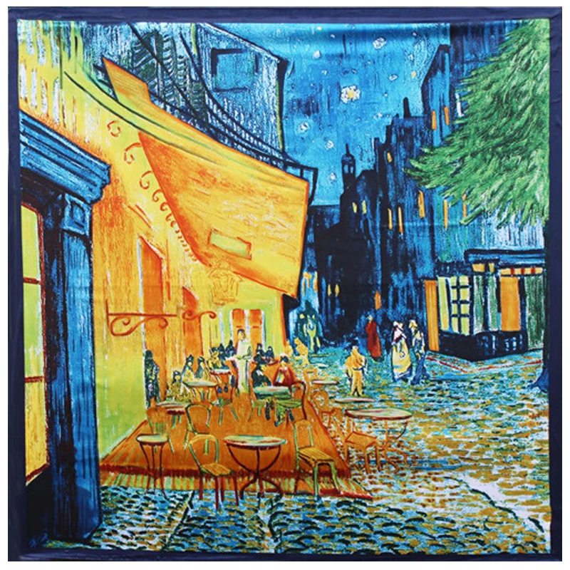 90cm Van Gogh Classic Series Oil Painting Red House Coffee House Sun Lady decoration Simulation Silk Scarf Large Square Scarf