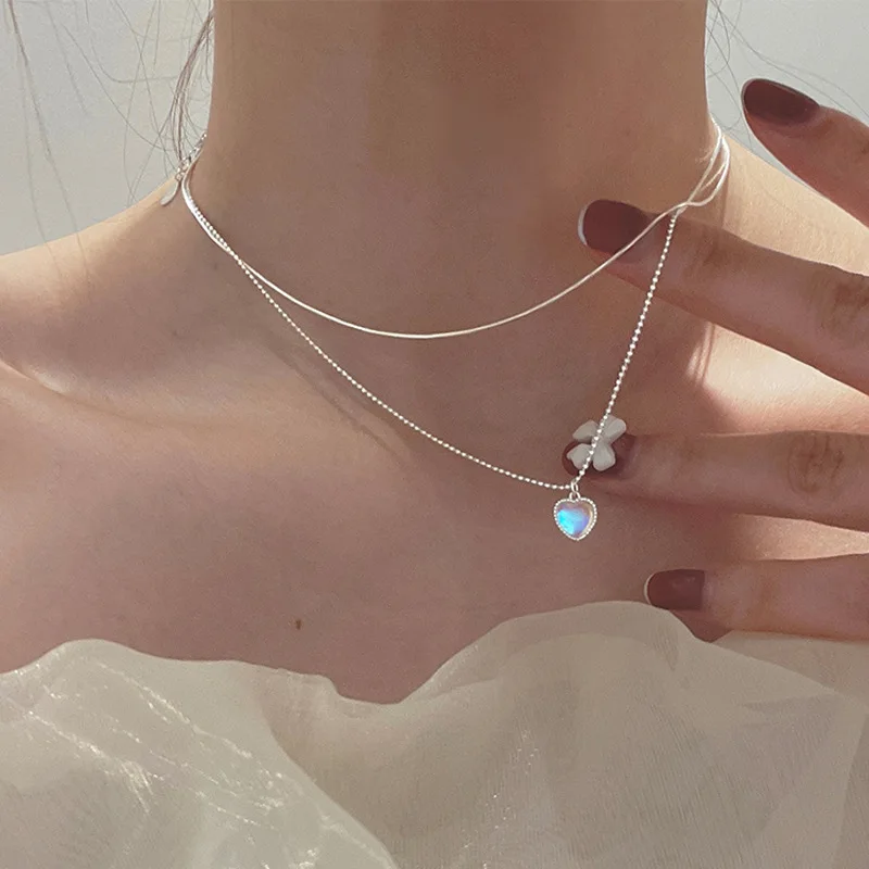 XIYANIKE Silver Color  Double Love Heart-shaped Moonstone Pendant Necklace Women Gradient Gemstone Clavicle Chain Couple image 5