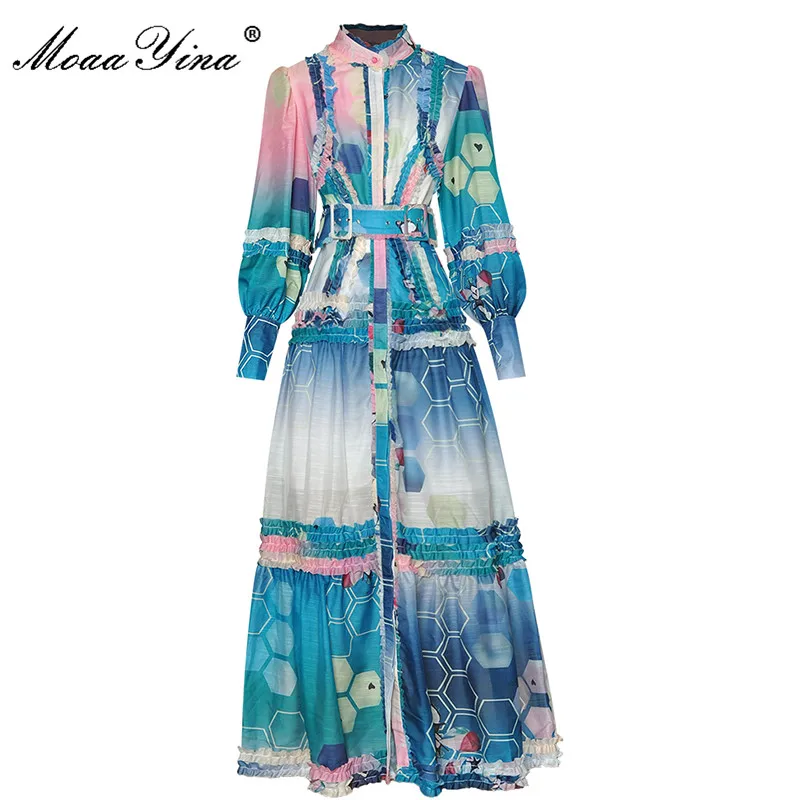 MoaaYina  Fashion Designer Autumn Dress Women's Lantern sleeve Single-breasted Sashes Multicolor Printed Vacation Long Dress