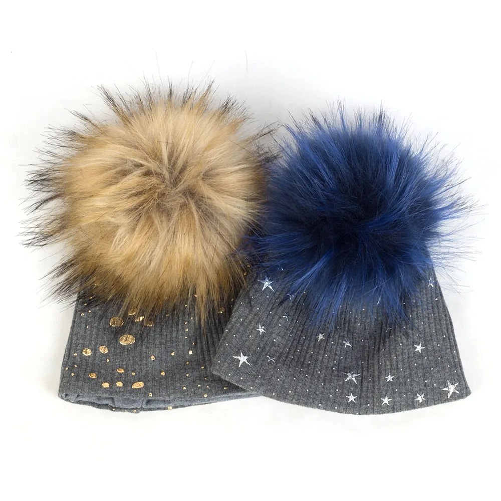 Newborn Cotton Gold Splatter Paint Ribbed Unisex Beanies Hats Baby Girls Cut Star Print Striped With Faux Fur Pom Pom Caps