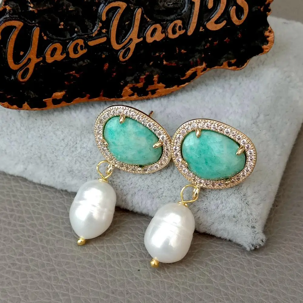 natural White Rice freshwater Pearl natural Green stone Cz mirco Pave Stud Earrings push back  Earrings Party Jewelry Gift