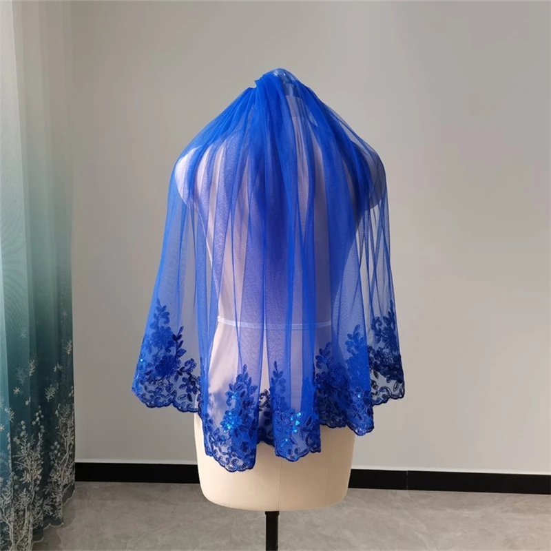 Short Royal Blue Braut Hochzeit Schleier Eine schicht Volle Spitze Rand Tüll Mit Kamm Zubehör für Bräute Kurzen Schleier Ein schicht 0,9 m