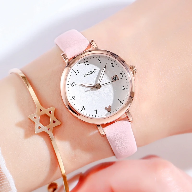 Disney Official Women Fashion Casual Quartz Wristwatches Micky Mouse Cute Small Dial Pu Strap Luminous Hands Lady New Gift Clock