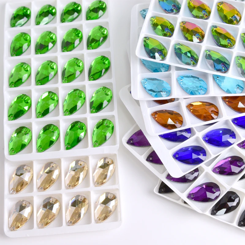 All colors sew-on rhinestones Water drops flatback sew on stone 2holes glass crystal for DIY wedding dress Accessories all size