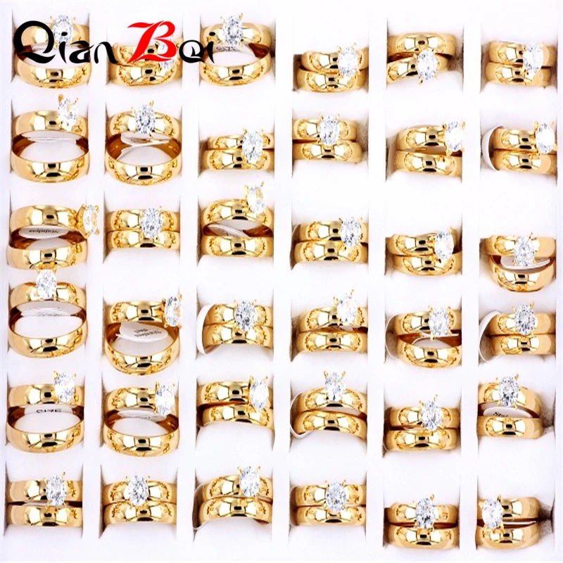 QianBei Wholesale 4sets Fashion 4MM Charm Jewelry Gifts Ring Men Stainless Steel Golden Color  Rings For Women Man