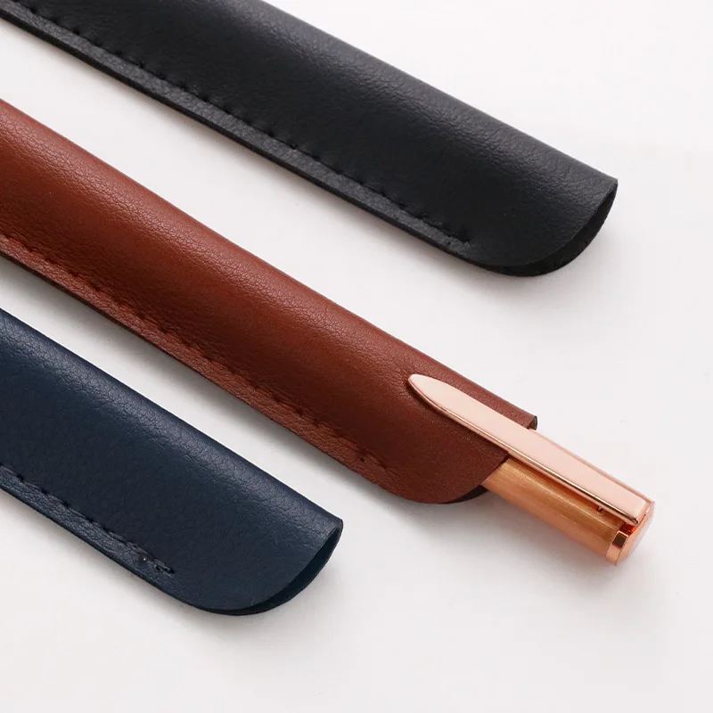 Business Portable Pen Case Creative Personality Gel Pen Protective Cover Simple Solid Color Leather Pen Pencil Case Stationery