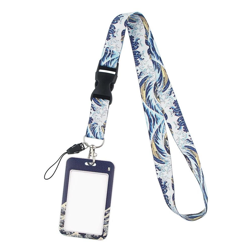 ER511 Blue Waves Painting Art Buckle Lanyard Credit Card ID Holder Bag Student Travel Bank Bus Business Card Cover Badge