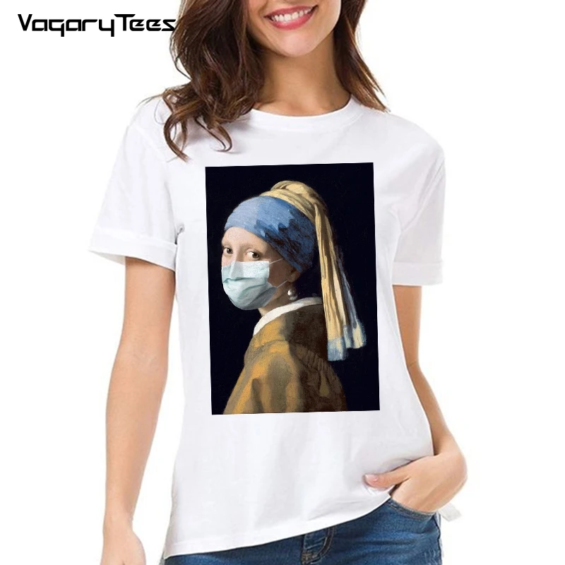 Socially Responsible T Shirts Girl wearing pearl earrings wearing mask Printed Tshirt aesthetics funny t-shirt Female Clothing