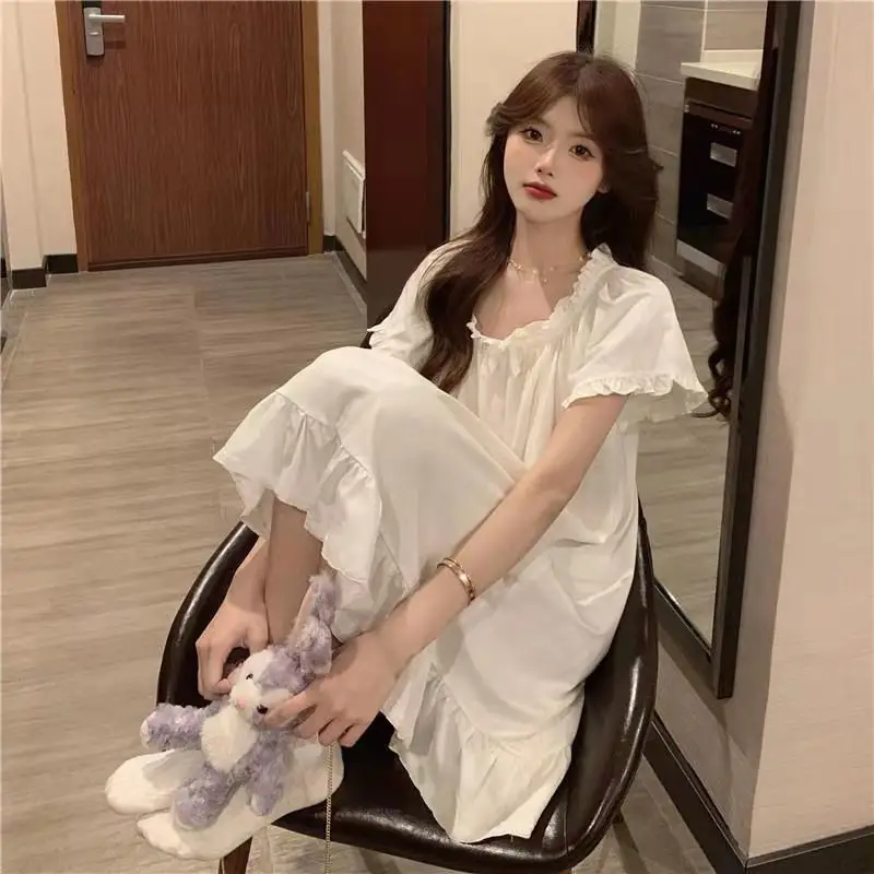 White Nightgowns Women Sweet Kawaii Girls Nightdress Princess Ruffles Square Collar Short Sleeve Summer Lounge Wear Sleepwear