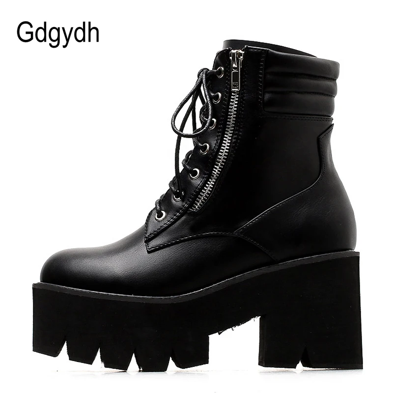 Gdgydh Wholesale Autumn Ankle Boots For Women Motorcycle Boots Chunky Heels Casual Lacing Round Toe Platform Boots Shoes Female