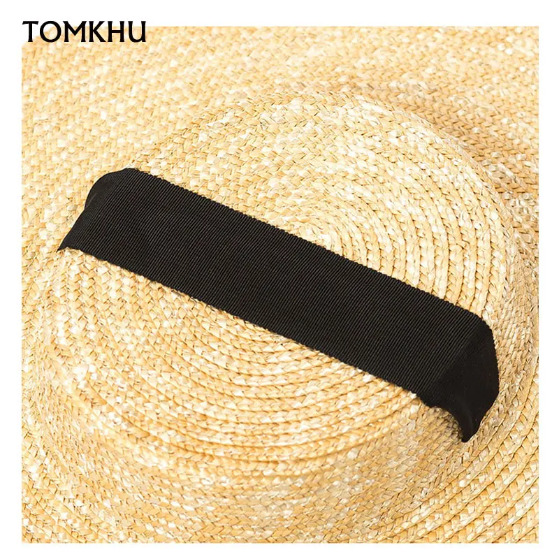 New Wide Brim Sun Hats 15cm Brim Boater Straw Hat Flat Women Summer Derby Chapeau Hat White Black Ribbon Tie Sunscreen Beach Cap