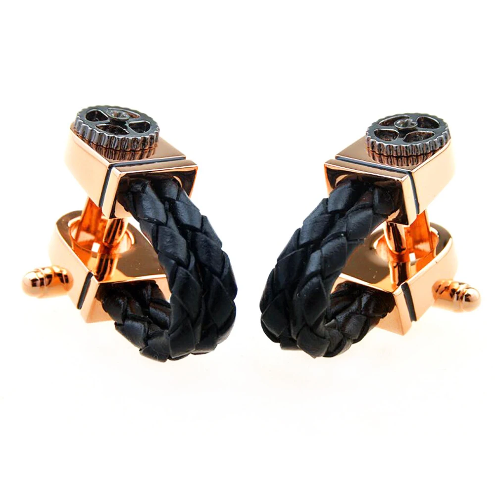 2prs/Lot Rose+Black 2 Tone plating cufflinks for man Fashion Men's cuff buttons Black Leather gearwheel design cuff link