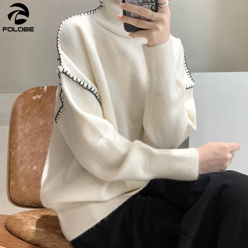 FOLOBE 2021 новый осенне-зимний вязаный свитер с высоким воротником для женщин чистый цвет с длинными рукавами Свободный Повседневный пуловер свитера Топы FOLOBE 2021 новый осенне-зимний вязаный свитер с высоким воротником для женщин чистый цвет с длинными рукавами Свободный Повседневный пуловер свитера Топы