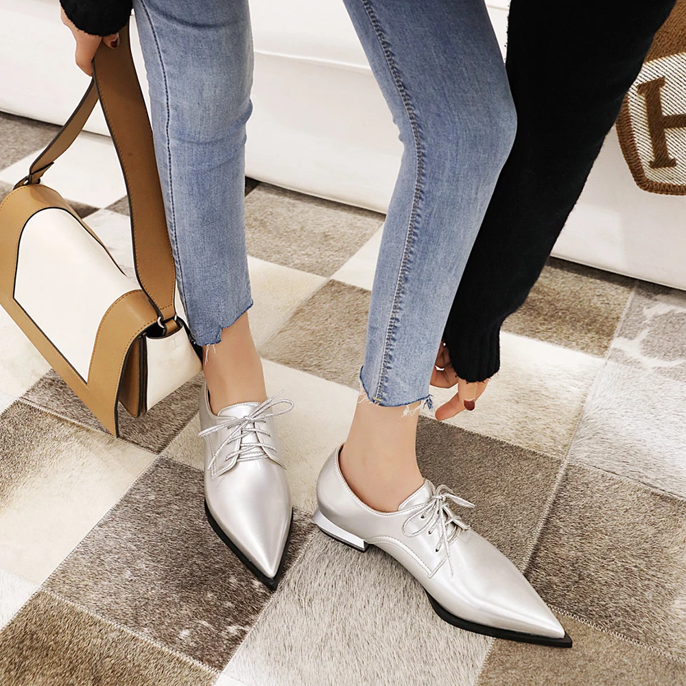 Pointed Toe Lace-Up Flats Patent Leather Casual Flat heel Women Shoes Solid Brief Loafers Students Moccasins Femme Chaussures