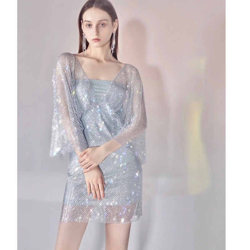 Dresses Woman White Mesh Sequin Bubble sleeve Dress Women Mini Night Club Party Dress Sexy V Neck Bodycon Shiny Dress Vestidos