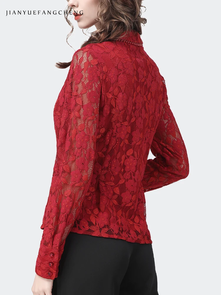 Fashion Peter pan Collar Womens Red Lace Floral Shirt Long Sleeve Elegant Bodycon Hook Flower Hollow 2022 Spring Blouses Tops