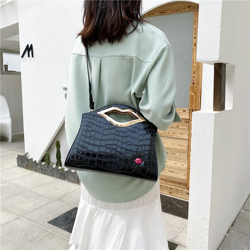 Patent Leather Sexy Lip Handles Purses and Handbags for Women Stone Leather Designer Clutch Shoulder Bag Female Casual Tote Bag