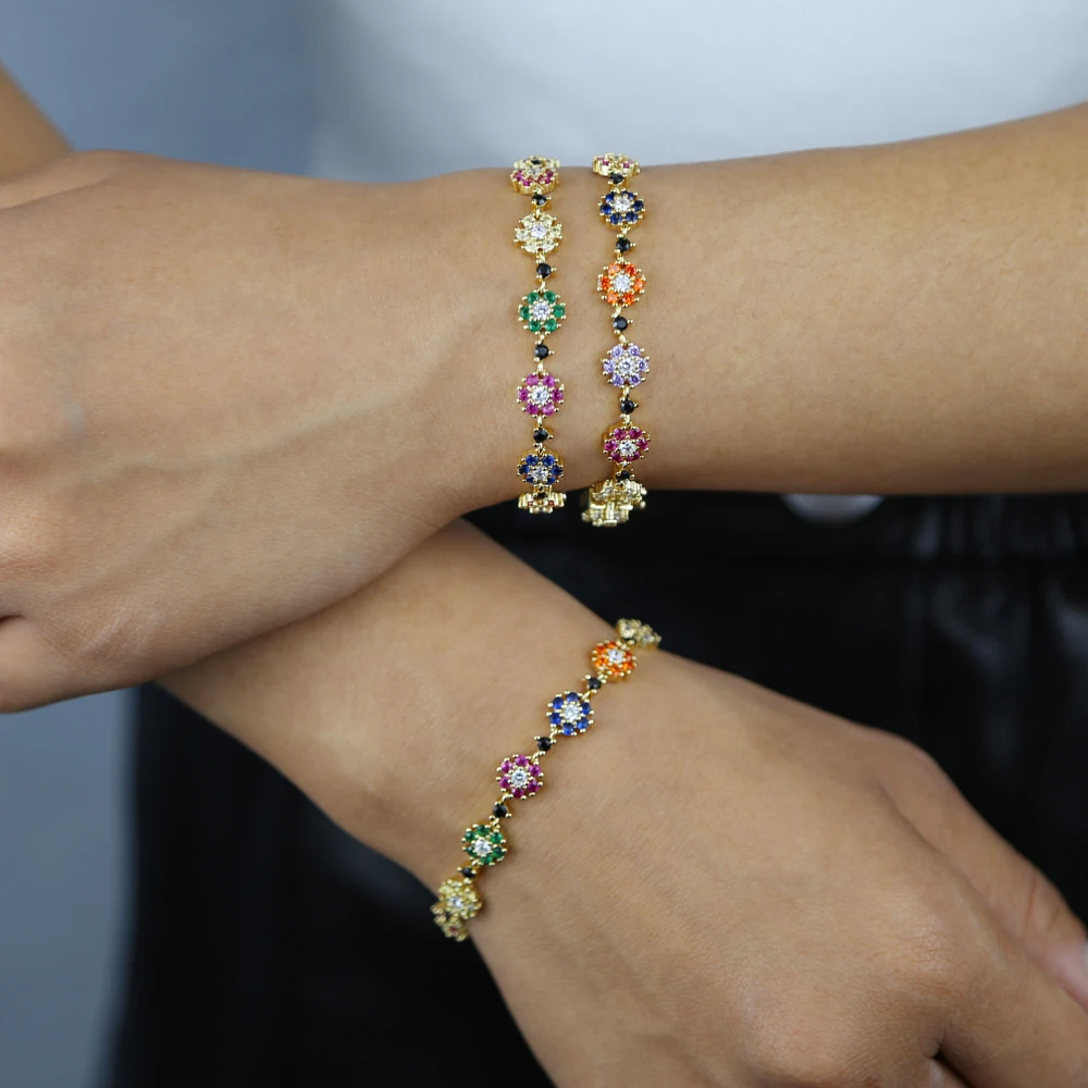 2025 New Arrival Geometric Rainbow Cz Colorful Flower Charm Link Chain Bracelet For Girls Classic Fashion Bling Women Jewelry