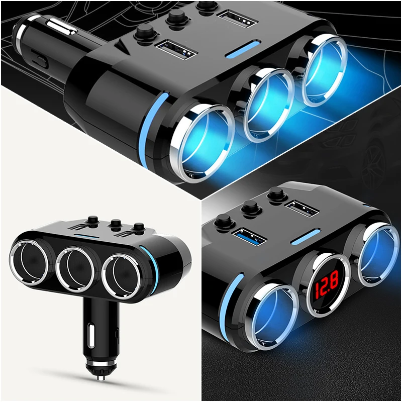 Dual USB Port 3 Way Auto Car Cigarette Lighter Socket Splitter Charger Plug Adapter DC 5V 1A+2.1A for All Phone PC Ipad