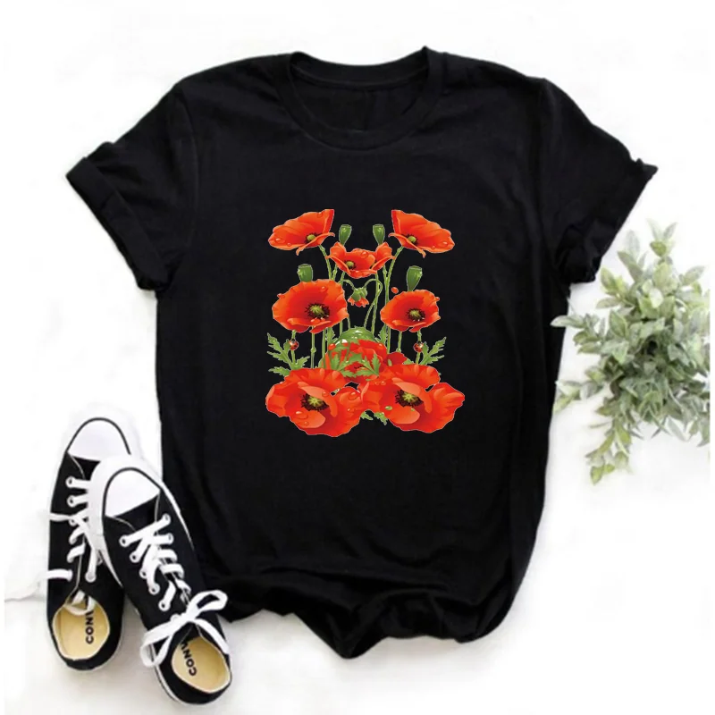 

Mayos Ladies T-shirt Poppy Red Casual Ladies T-shirt Kawaii Clothes Harajuku Fashion Short Sleeve