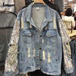 Ladiguard Women Sexy Ripped Denim Jacket Patchwork Sequins Demin Jackets Loose Vaqueros Mujer 2023 Single Breasted Top Outerwear