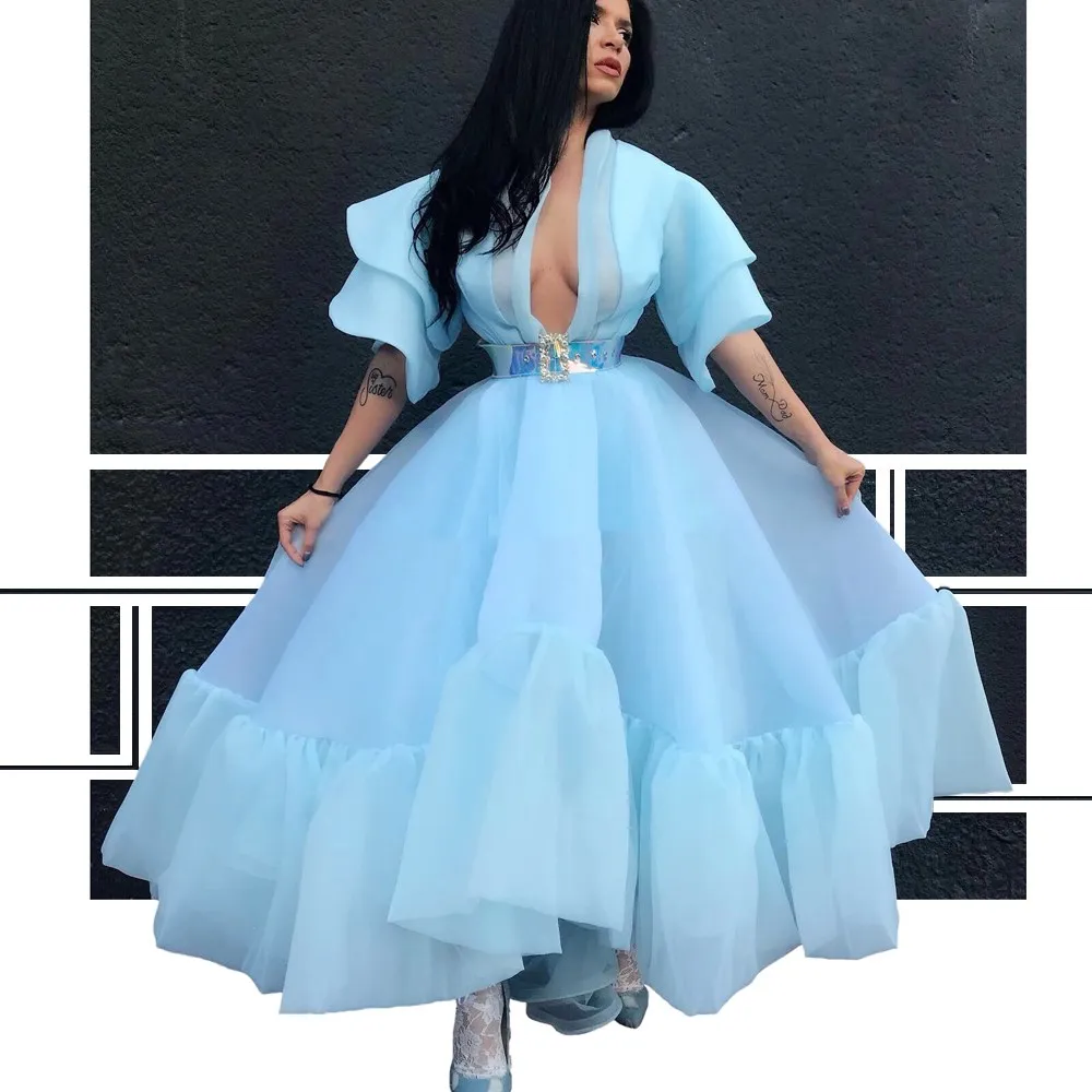 Vestido de Baile Com Decote Em V de Mangas Curtas Azul Bebê Organza Plissados Ruching Sash Vestido de Noite do Tornozelo-Comprimento Vestido Formal бальное платье