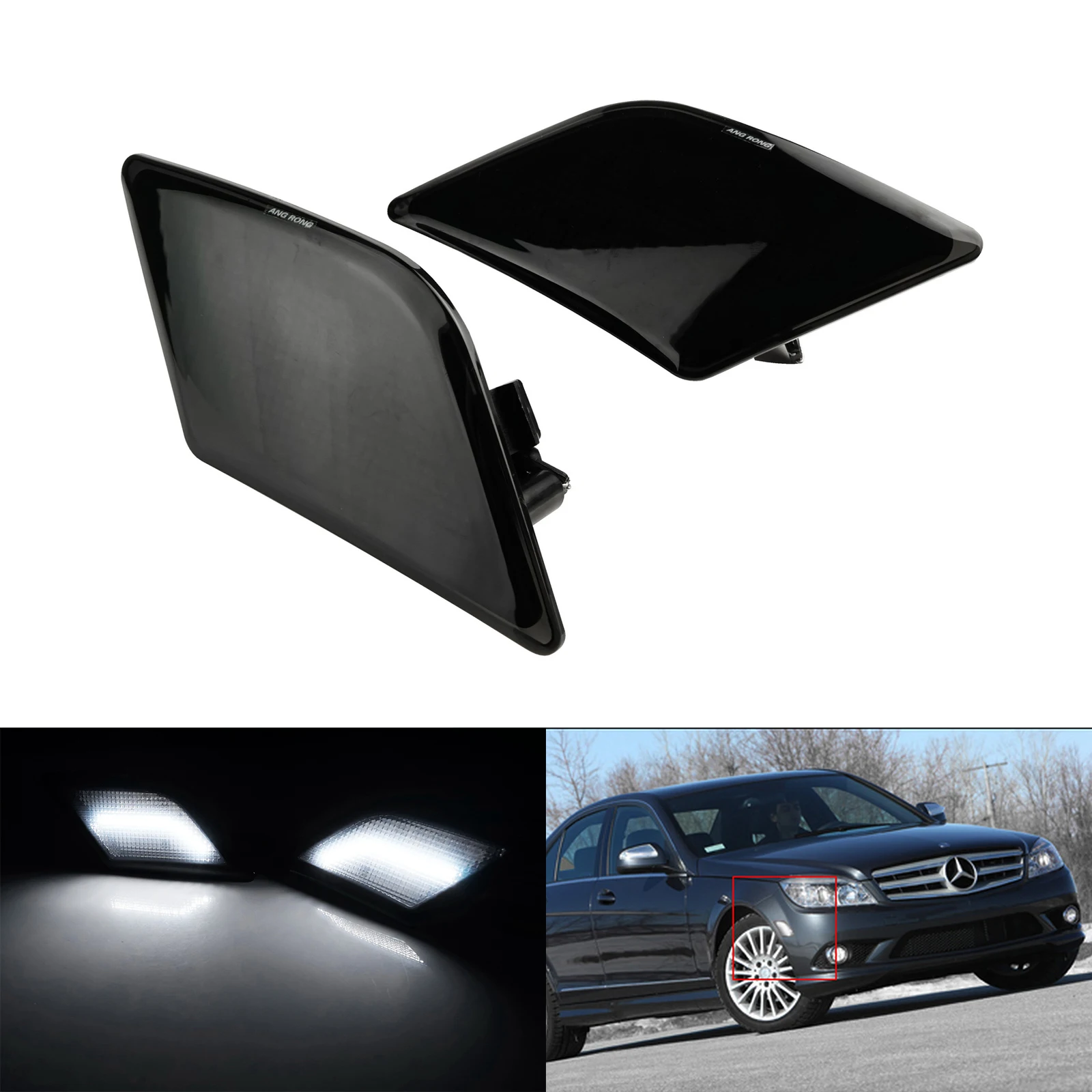 ANGRONG 2x Black Smoked Lens White LED Bumper Side Marker Light For Mercedes Benz W204 C-Class