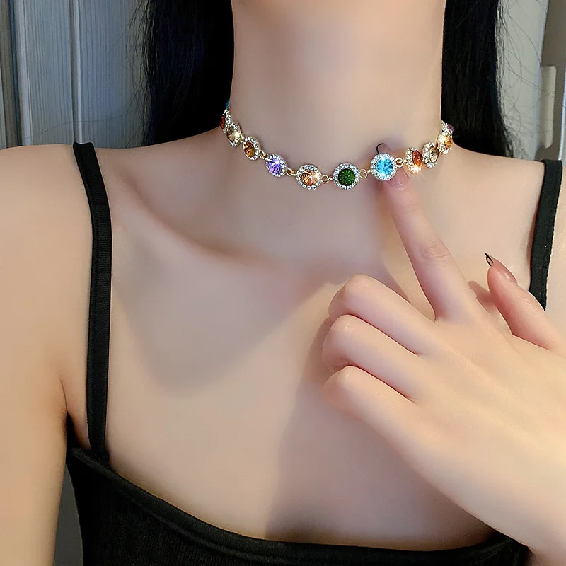 FYUAN Korean Style Colorful Crystal Choker Necklaces for Women Clavicle Chain Necklaces Jewelry Bijoux