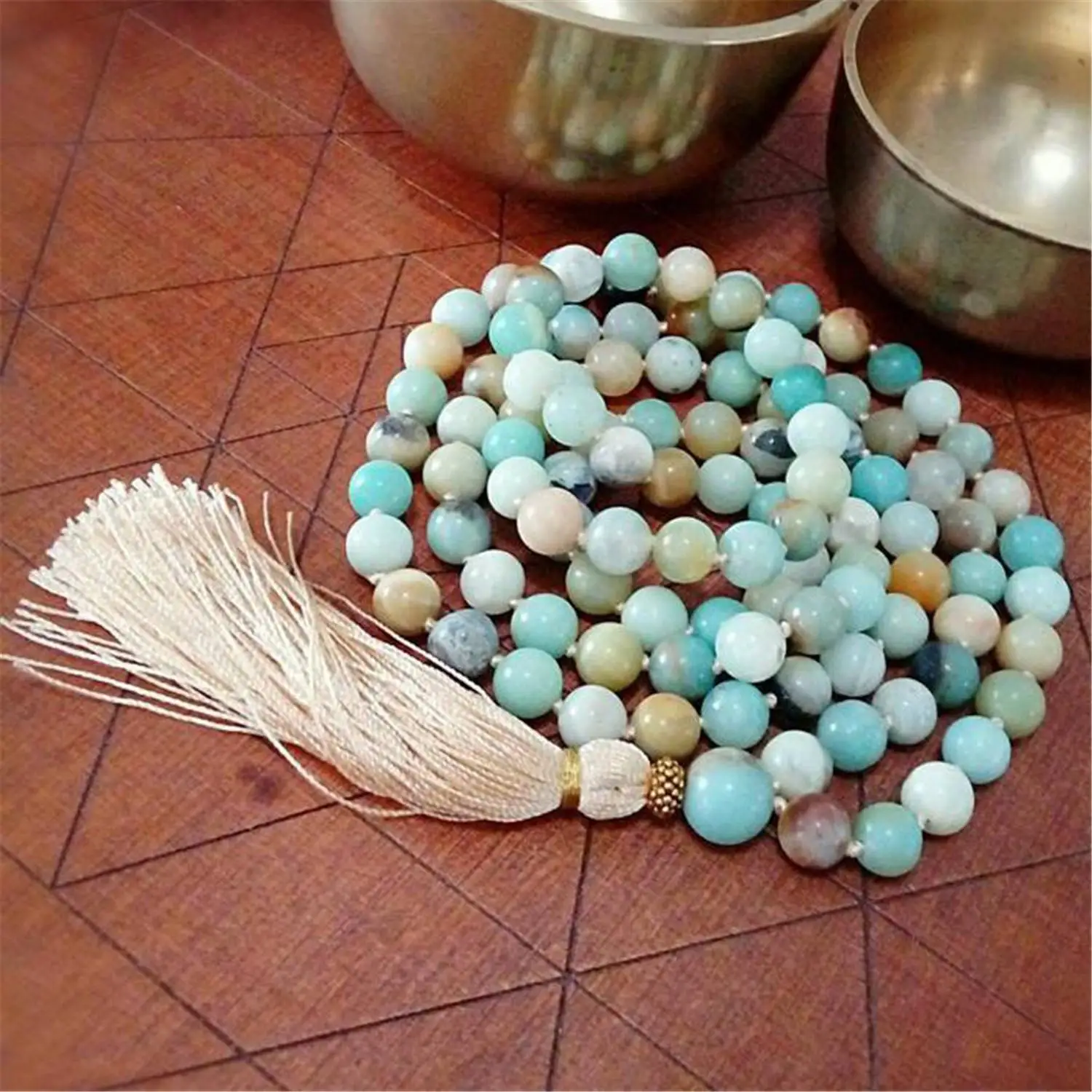 

6mm Amazonite Gemstone 108 Beads Mala Tassel Necklace Bless Healing Handmade Chakra Pray Reiki Ruyi Prayer