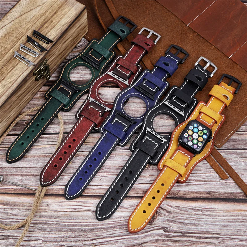 Leather strap For apple watch band 44mm 40mm 38mm 42mm Cowhide vintage tray strap watchbands iWatch 3 4 5 SE 6 7 45mm 41mm Band