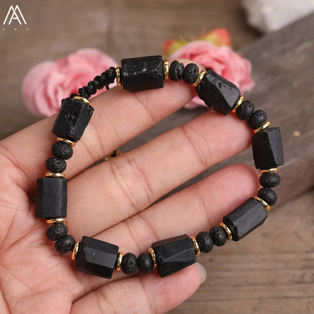 Natürliche schwarze Turmalin-Stein-Nugget-Perlen, schwarze Lava-Rondelle-Perlen, Kordel, geknotet, verstellbares Armband für Damen, Boho-Seil-Armband – Detail 2