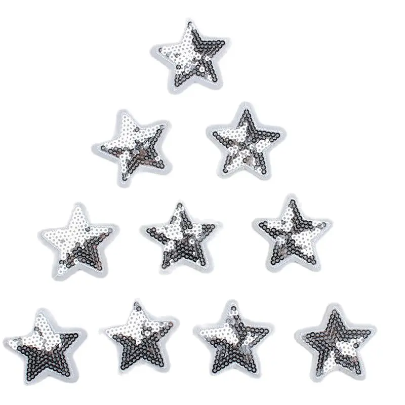 10pcs Sequined Silver Star Patches For Jeans School Bag Shoes Hats Coats Decoration DIY Garments Appliques Sewing Clothes Badge