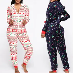 Women Winter Spring Pajamas Long Sleeve Zipped Hooded Onseies Nightwear Warm Xmas Santa Sleepwear Long Jumpsuit Nightwear