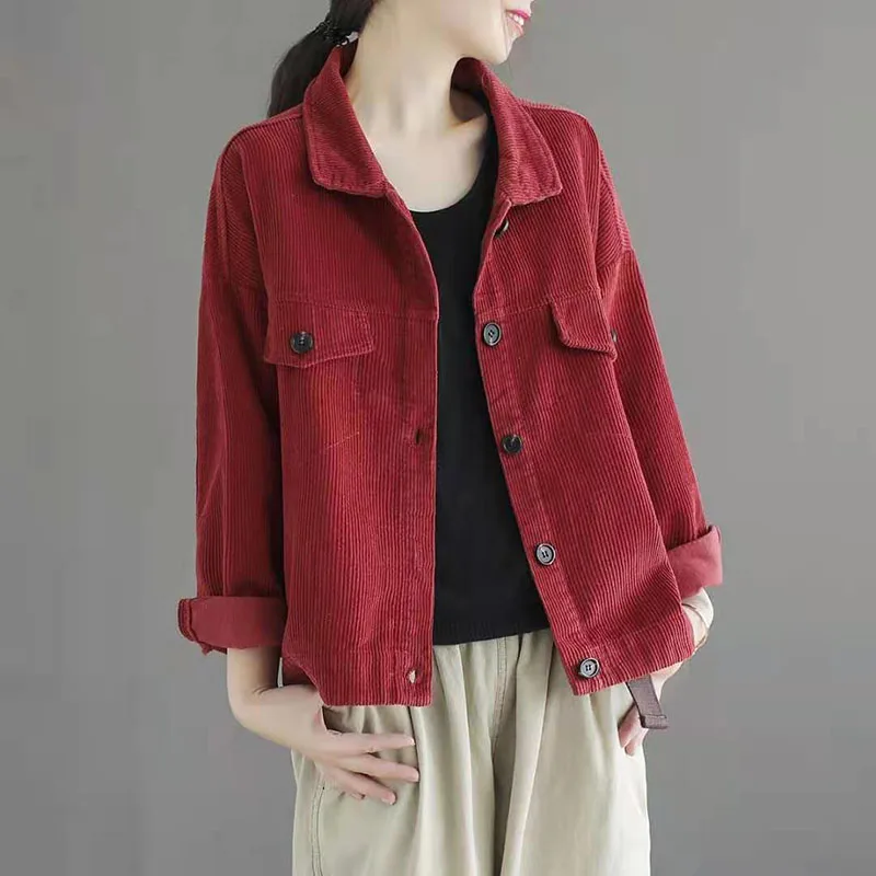 Corduroy Women Shirt Blouses Solid Color Turn-down Collar Long Sleeve Retro JacketsTops Red Khaki Coat Femininas Blusas 2022