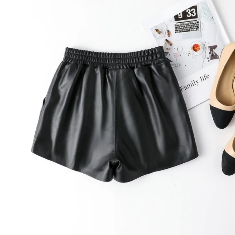 Fashion Women Casual Loose Fit Genuine Leather Shorts Streetwear Real Sheepskin Wide Leg Short Trousers Shorts Size 3XL