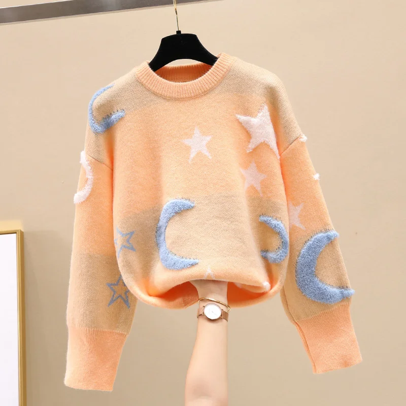 Korean Fashion Moon Stars Loose Sweater Women 2024 New Autumn Winter Pullovers Female Knitwear Casual Jumper Fall Knit Clothes