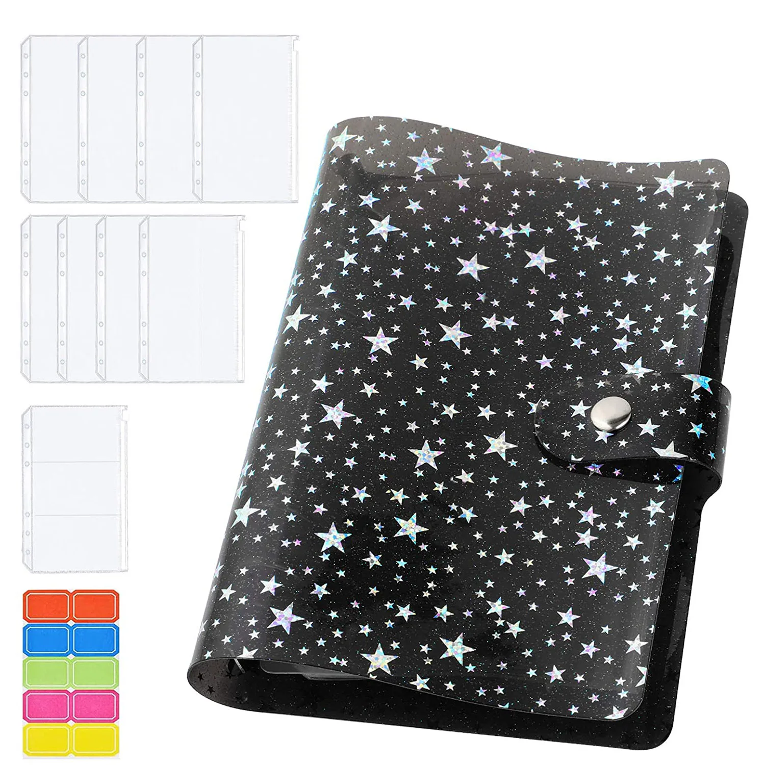 A6 PVC Budget Binder Cover Bill Planner Organizer with 8 Binder Zipper Pockets,1Pcs Binder Card,Label Sticker for Cash Envelopes