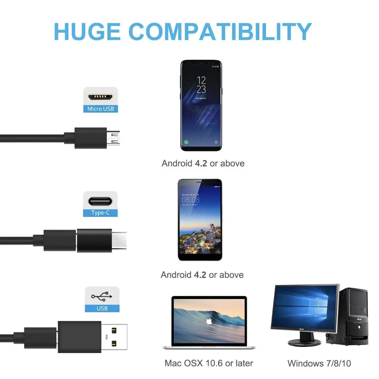 Type C Endoscope Camera 1200P 8mm 1M 2M 5M Soft cable USB Endoscope Borescope Inspection Camera for Android Smartphone Windows