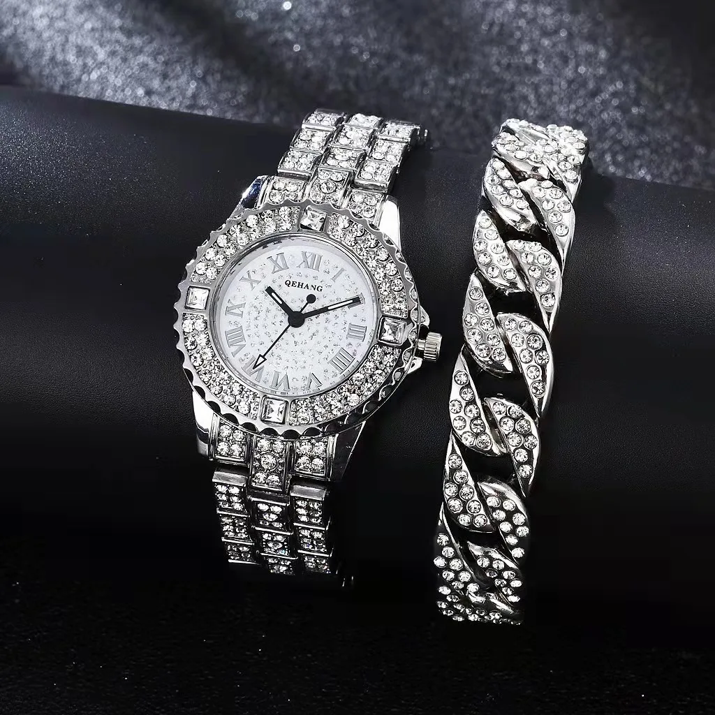 Simple Iced Out Watch + cuban Chain Bracelet for Women Bling Miami Luxury Gold Watch Women Jewelry Wholesale Relojes Para Mujer